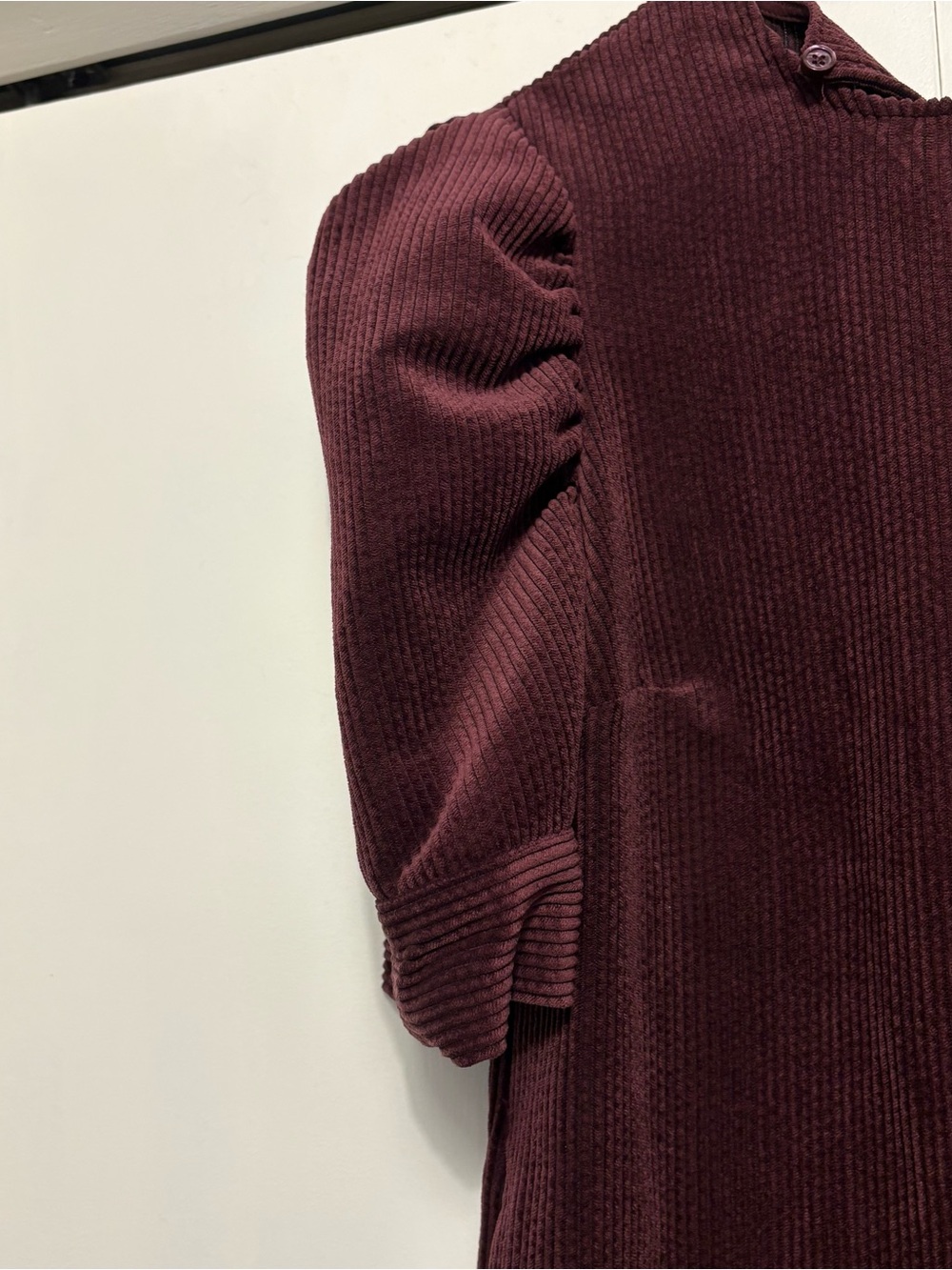 Who What Wear Burgundy Corduroy Midi Dress with Puff Sleeves - Picture 2 of 4